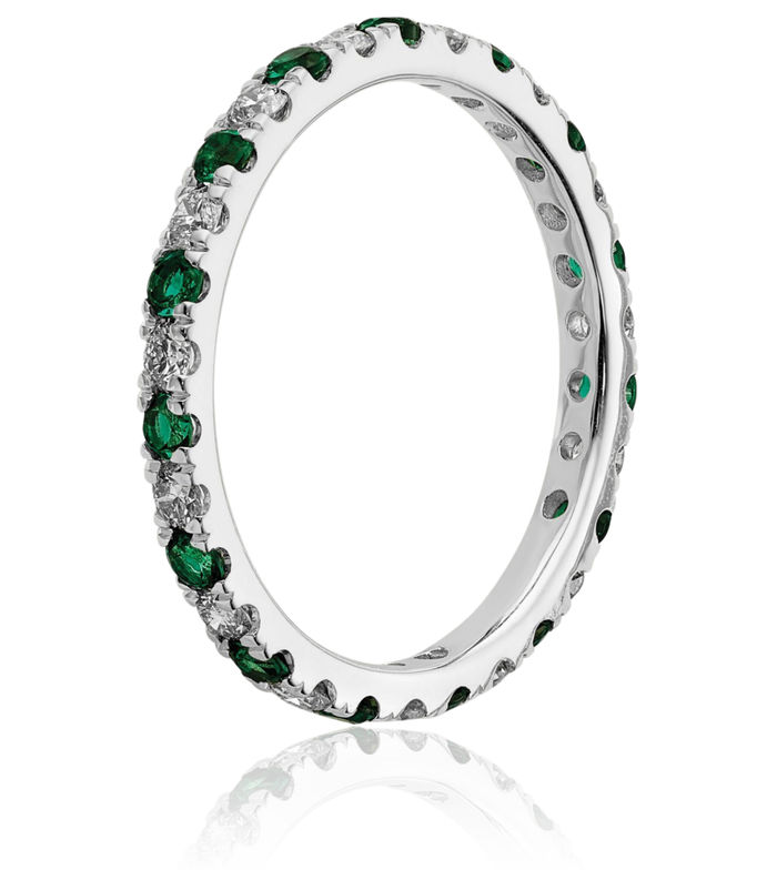 14K Solid White Gold Lab Diamond Green Emerald Eternity Ring May Birthstone Jewelry