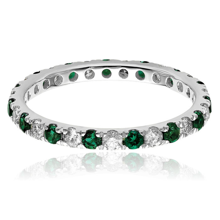 14K Solid White Gold Lab Diamond Green Emerald Eternity Ring May Birthstone Jewelry