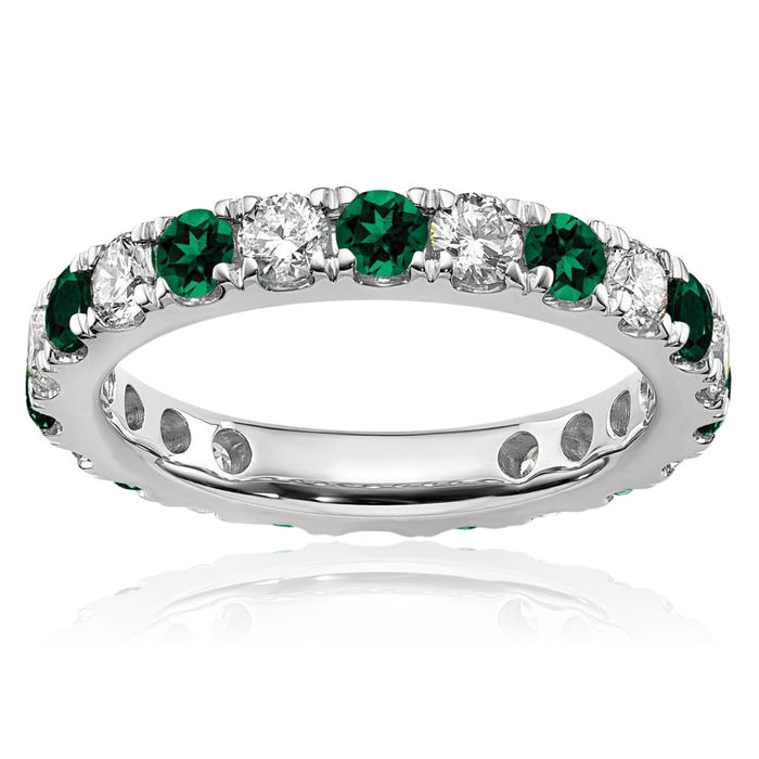 14K Solid White Gold Lab Diamond Green Emerald Eternity Ring May Birthstone Jewelry