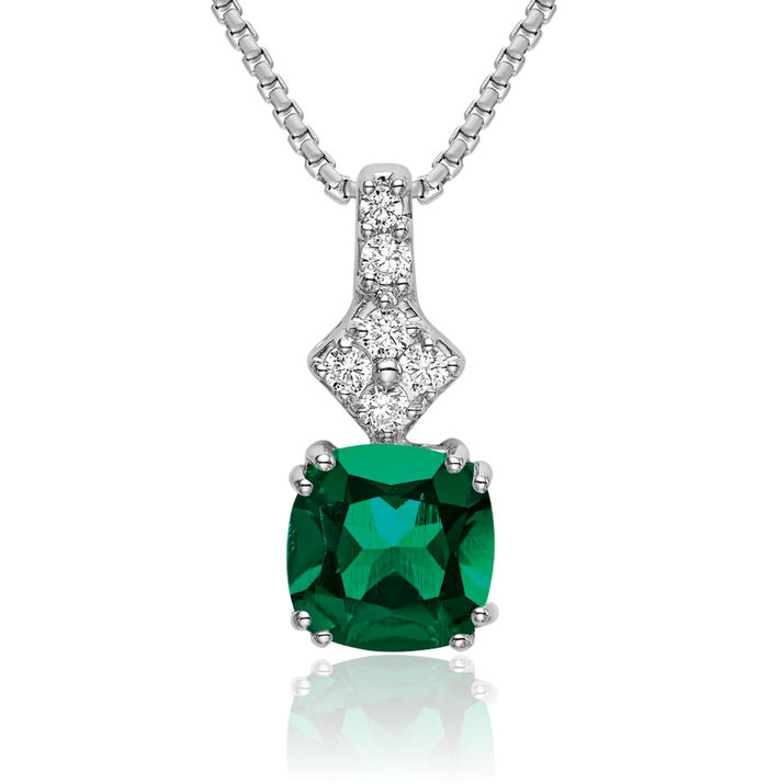 14K Solid White Gold Lab Diamond Green Emerald Necklace Gemstone Pendant Charm May Birthstone Jewelry