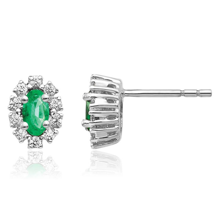 14K Solid White Gold Lab Diamond Green Emerald Studs Gemstone Earrings