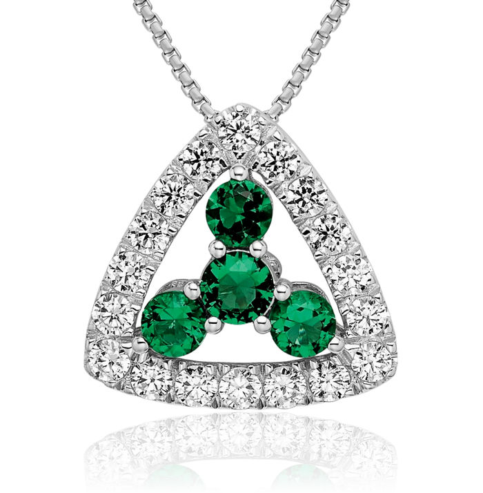 14K Solid White Gold Lab Diamond Green Emerald Triangle Pen Necklace Gemstone Pendant Charm