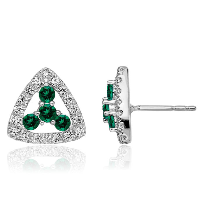 14K Solid White Gold Lab Diamond Green Emerald Triangle Studs Gemstone Earrings May Birthstone Jewelry