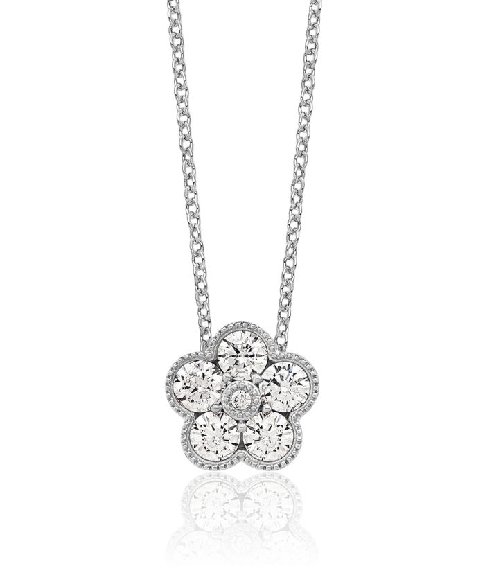 14K Solid White Gold Lab Diamond Flower Necklace Chain