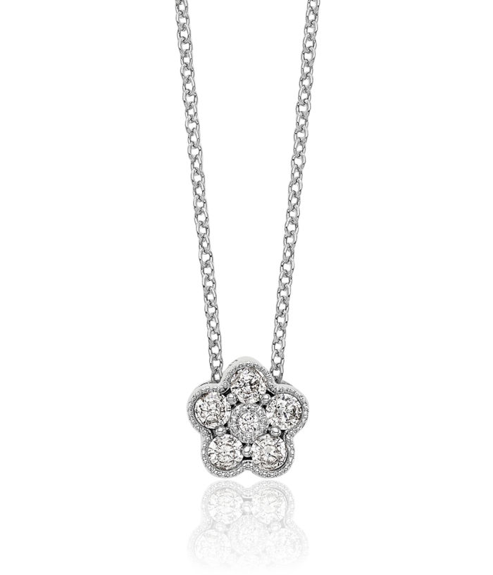 14K Solid White Gold Lab Diamond Flower Pendant Necklace