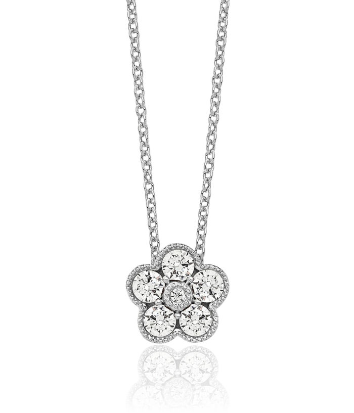 14K Solid White Gold Lab Diamond Flower Pendant Necklace