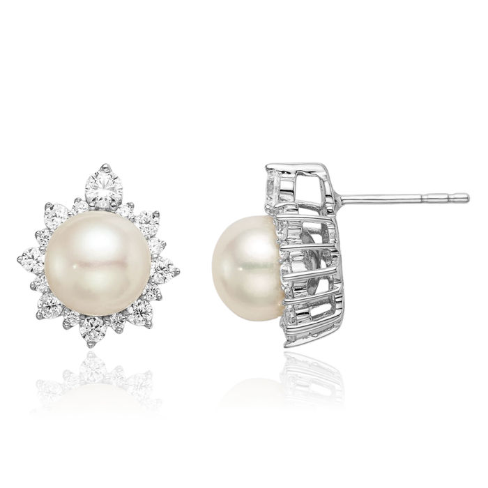 14K Solid White Gold Lab Diamond Freshwater Cultured Pearl Stud Earrings