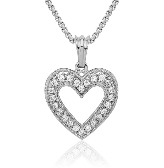 14K Solid White Gold Diamond Heart Necklace Love Pendant Charm