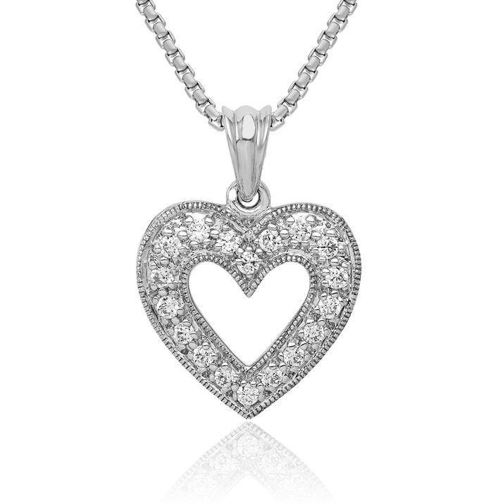 14K Solid White Gold Diamond Heart Necklace Love Pendant Charm