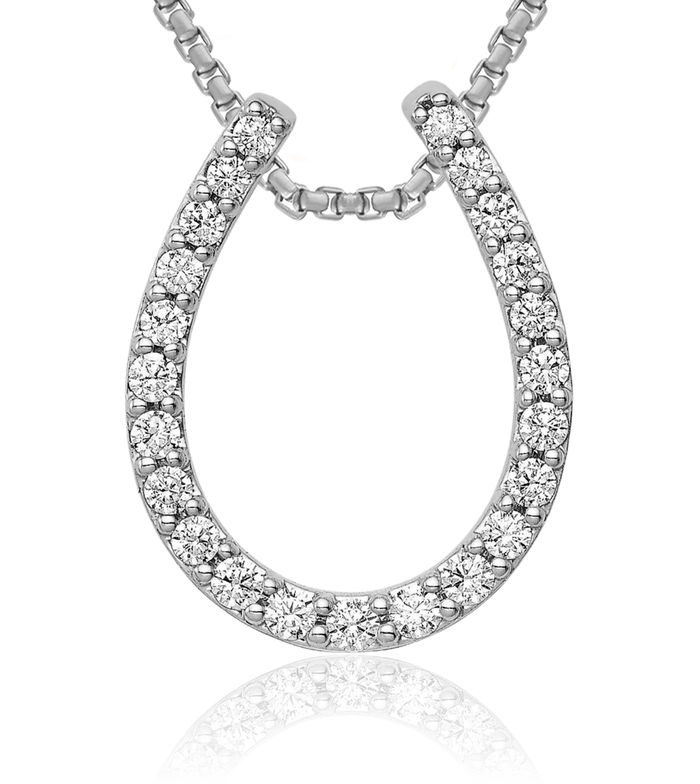 14K Solid White Gold Diamond Lucky Horseshoe Floating Chain Slide Pendant Necklace Animal Lover Equestrian Charm