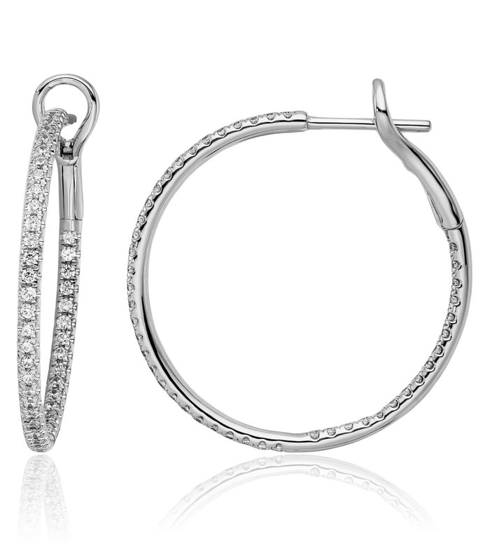 14K Solid White Gold Lab Diamond Medium Hoop Earrings