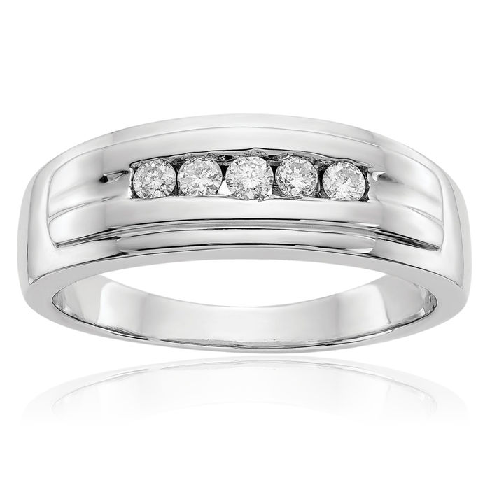 14K Solid White Gold Diamond Mens 5 Stone Ring