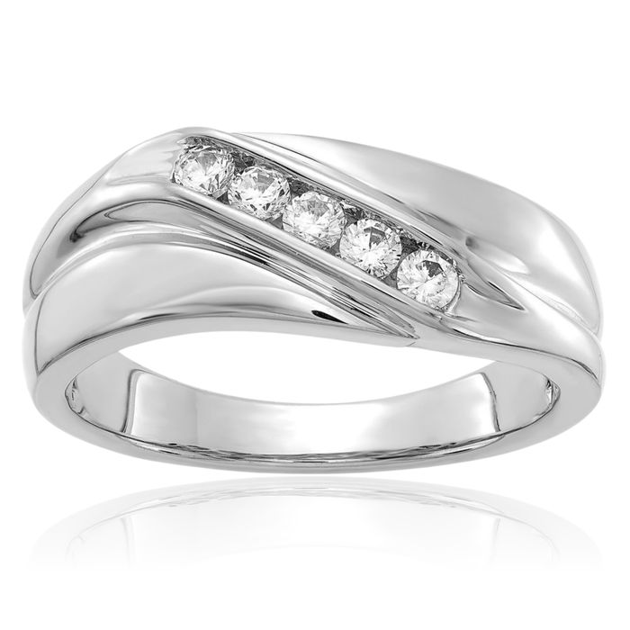 14K Solid White Gold Lab Diamond Mens Wedding Band Ring