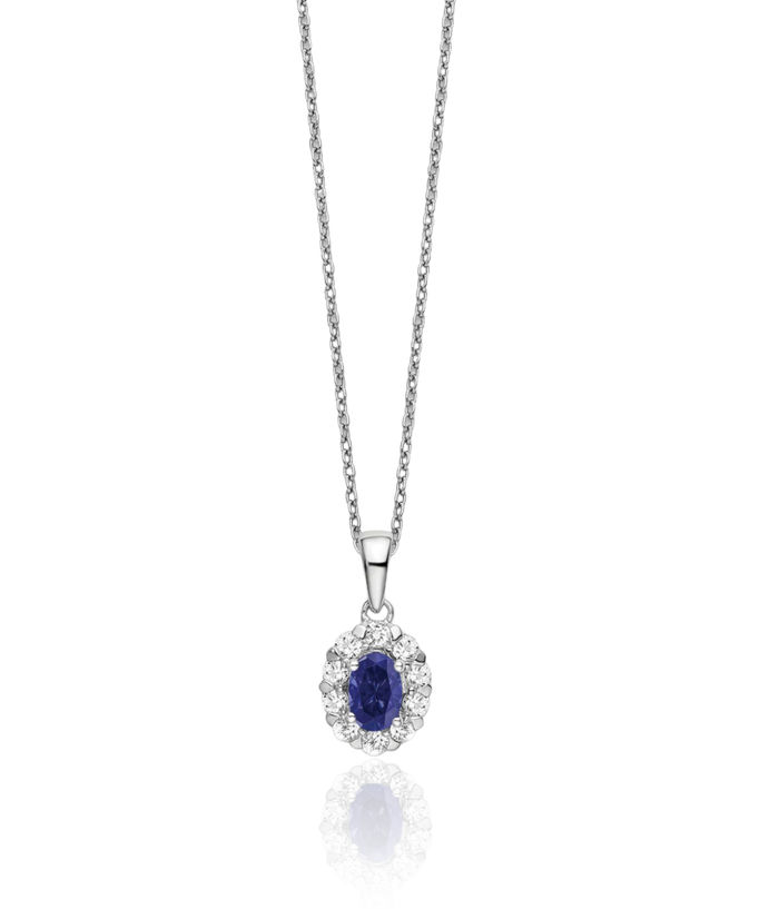 14K Solid White Gold Lab Diamond Oval Blue Sapphire Chain Necklace Gemstone Pendant Charm Neck