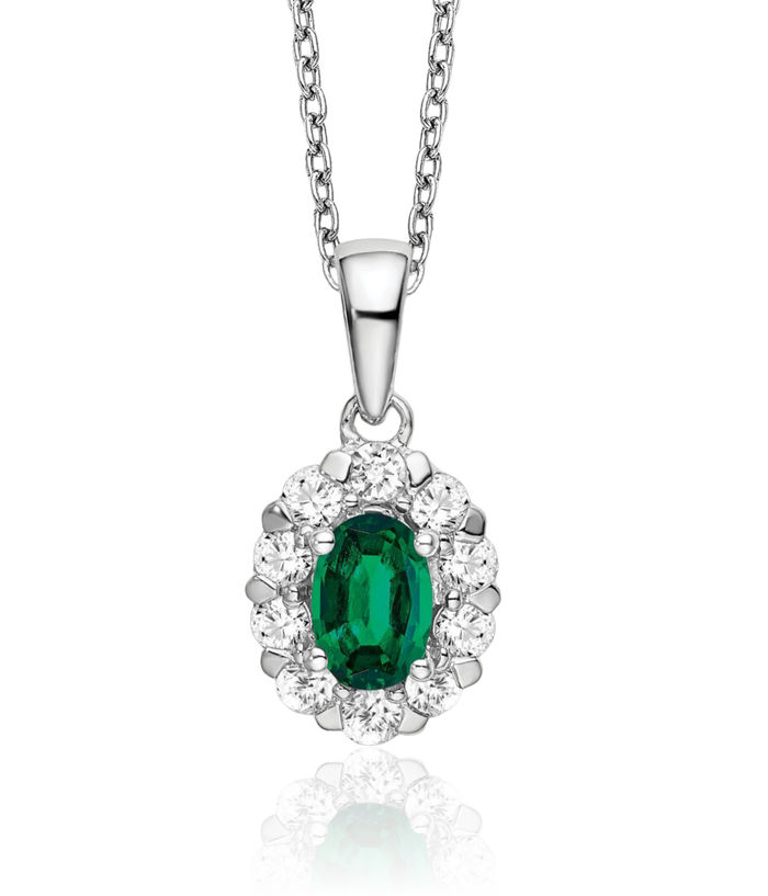 14K Solid White Gold Lab Diamond Oval Green Emerald Pendant Necklace