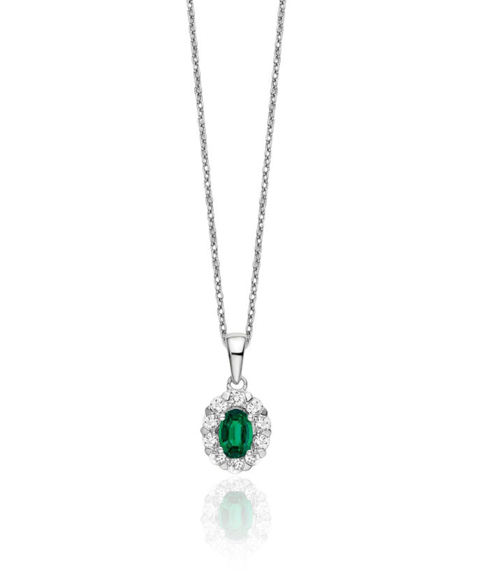 14K Solid White Gold Lab Diamond Oval Green Emerald Pendant Necklace