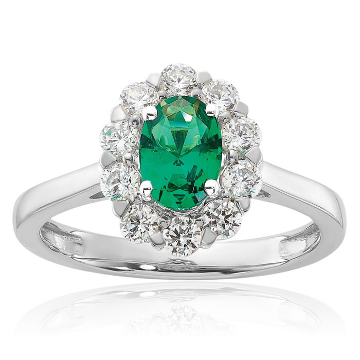 14K Solid White Gold Lab Diamond Oval Green Emerald Ring May Birthstone Jewelry