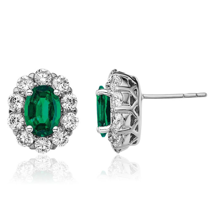 14K Solid White Gold Lab Diamond Oval Green Emerald Stud Earrings May Birthstone Jewelry