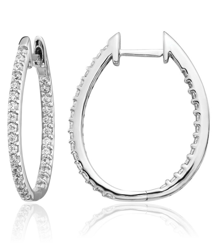 14K Solid White Gold Lab Diamond Oval Hoop Earrings