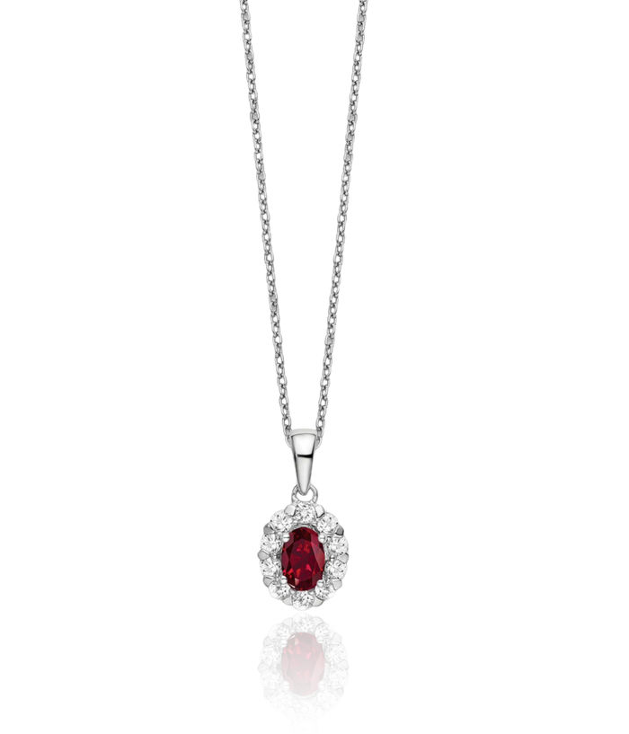 14K Solid White Gold Lab Diamond Oval Red Ruby Pendant Necklace