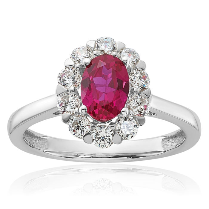 14K Solid White Gold Lab Diamond Oval Red Ruby Ring July Birthstone Jewelry