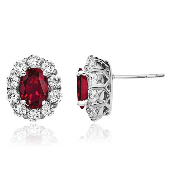 14K Solid White Gold Lab Diamond Oval Red Ruby Stud Earring July Birthstone Jewelry