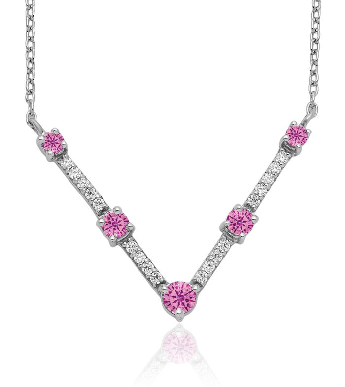 14K Solid White Gold Lab Diamond Pink Sapphire Chain Bar Necklace