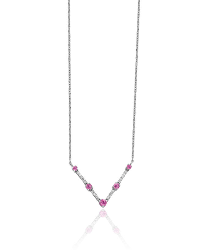 14K Solid White Gold Lab Diamond Pink Sapphire Chain Bar Necklace