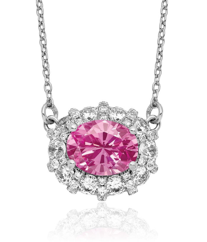 14K Solid White Gold Lab Diamond Pink Sapphire Chain Necklace Gemstone Pendant Charm