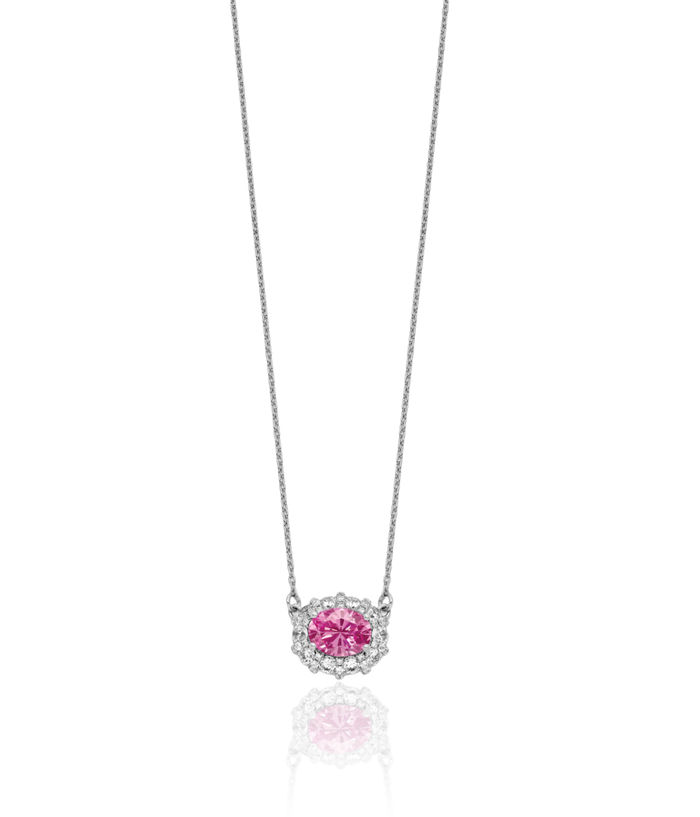 14K Solid White Gold Lab Diamond Pink Sapphire Chain Necklace Gemstone Pendant Charm