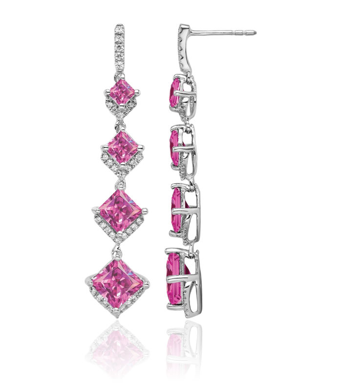 14K Solid White Gold Lab Diamond Pink Sapphire Line Bar Drop Dangle Earrings Gemstone Post Push Back October Birthstone Jewelry