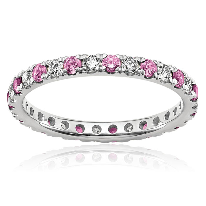 14K Solid White Gold Lab Diamond Pink Sapphire Eternity Ring