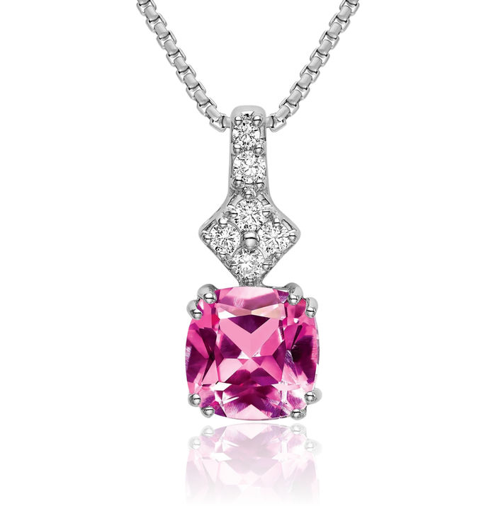 14K Solid White Gold Lab Diamond Pink Sapphire Necklace Gemstone Pendant Charm October Birthstone Jewelry