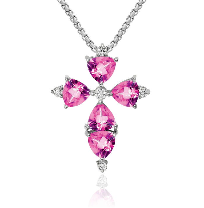 14K Solid White Gold Lab Diamond Pink Sapphire Necklace Gemstone Pendant Charm October Birthstone Jewelry