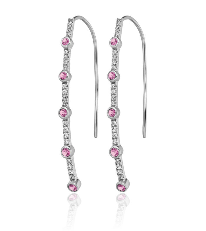 14K Solid White Gold Lab Diamond Pink Sapphire Threader Drop Dangle Earrings Gemstone October Birthstone Jewelry