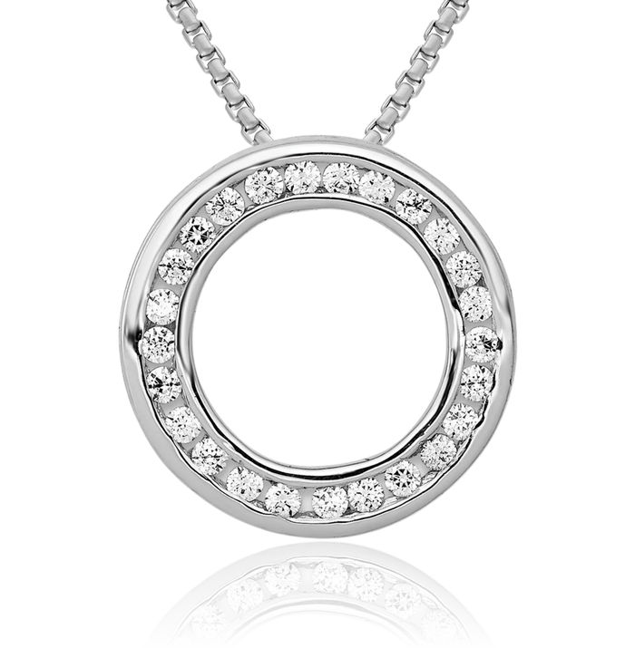 14K Solid White Gold Lab Diamond Circle Round Chain Necklace Pendant Charm