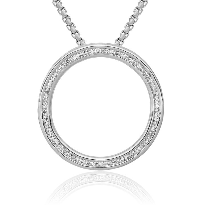 14K Solid White Gold Diamond Channel-set Circle Round Floating Chain Slide Pendant Necklace Charm