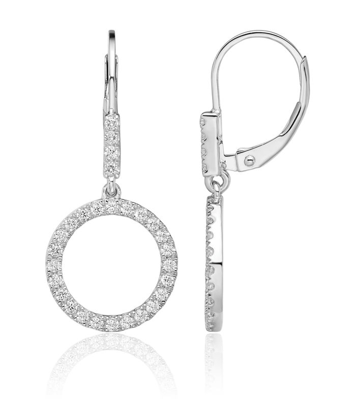 14K Solid White Gold Lab Diamond Circle Round Dangle E Drop Earrings