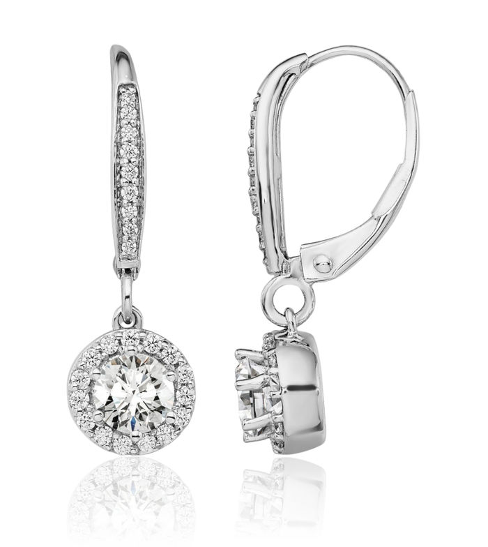 14K Solid White Gold Lab Diamond Circle Round Drop Dangle Earrings