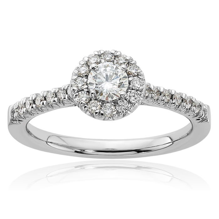 14K Solid White Gold Lab Diamond Round Halo Engagement Ring