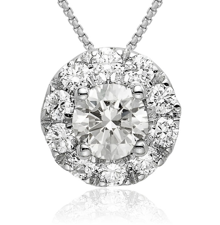 14K Solid White Gold Lab Diamond Round Halo Solitaire Necklace Chain Pendant Charm