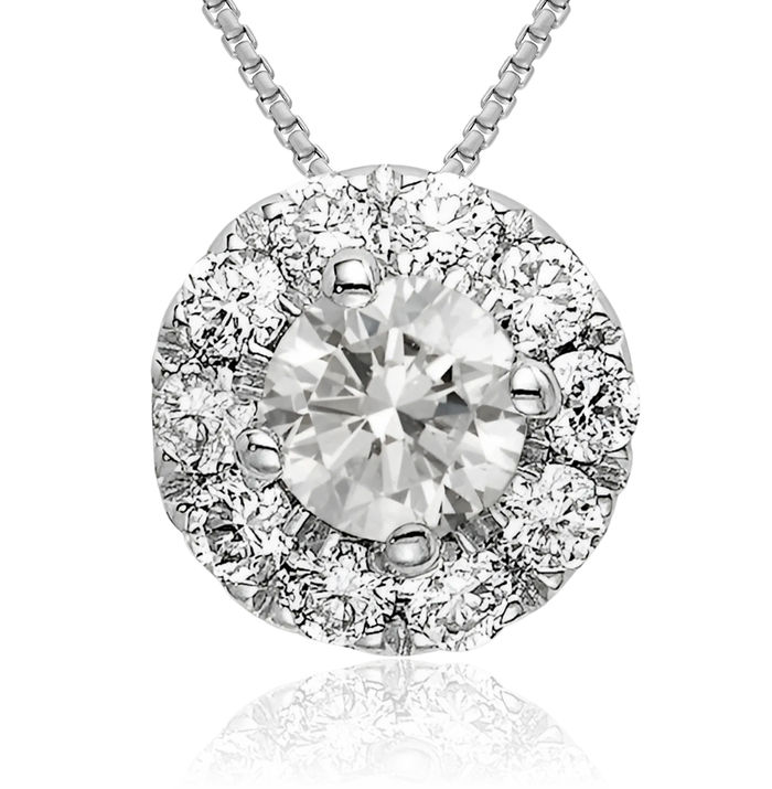 14K Solid White Gold Lab Diamond Round Halo Solitaire Necklace Chain Pendant Charm