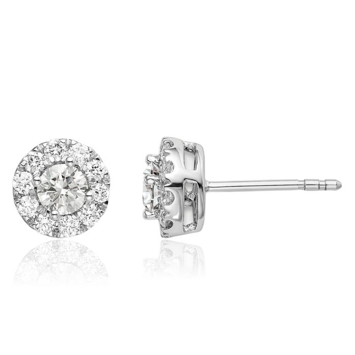 14K Solid White Gold Lab Diamond Round Halo Stud Earrings