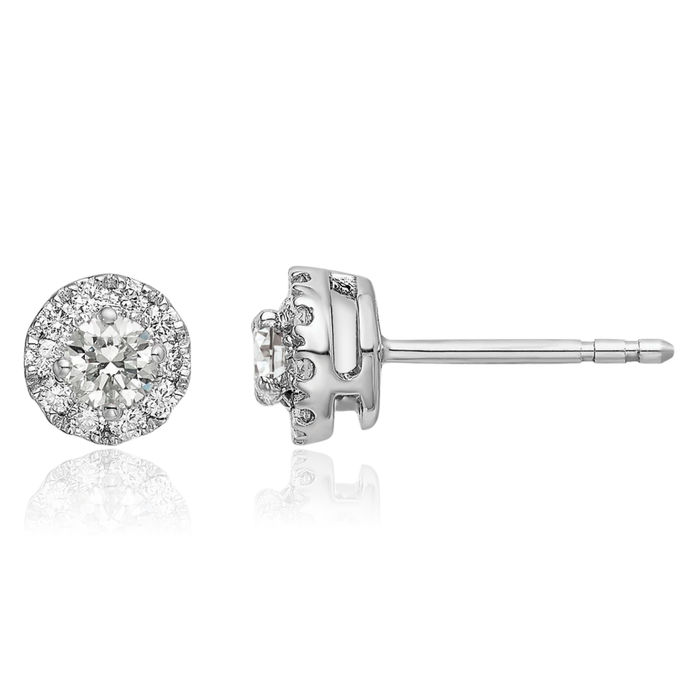 14K Solid White Gold Lab Diamond Round Halo Stud Earrings