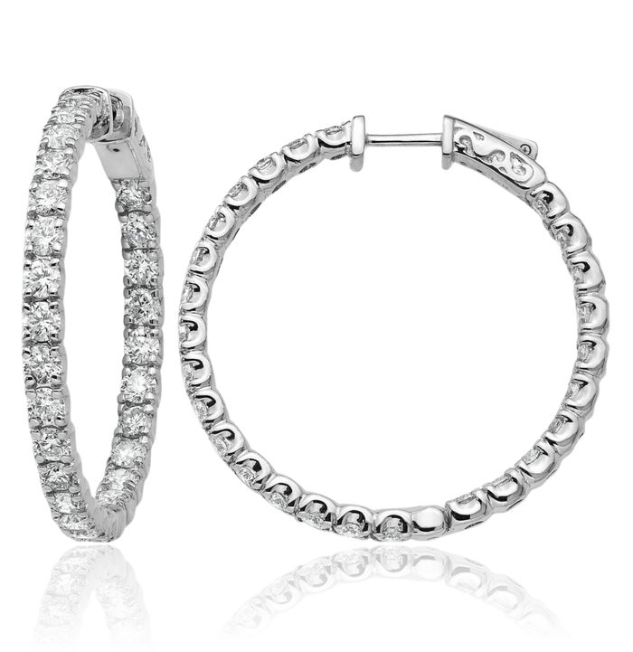 14K Solid White Gold Lab Diamond Round Hoop Earrings