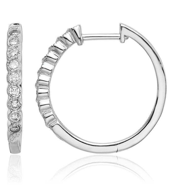 14K Solid White Gold Lab Diamond Round Hoop Earrings