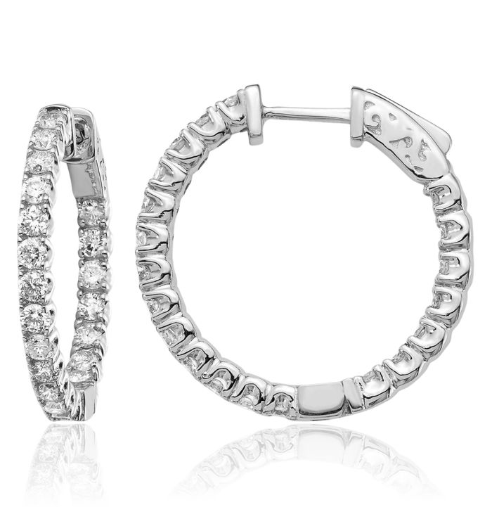 14K Solid White Gold Lab Diamond Round Hoop Earrings