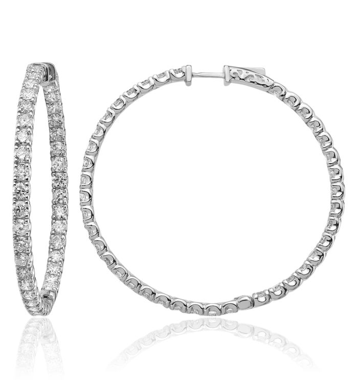 14K Solid White Gold Lab Diamond Round Hoop Earrings