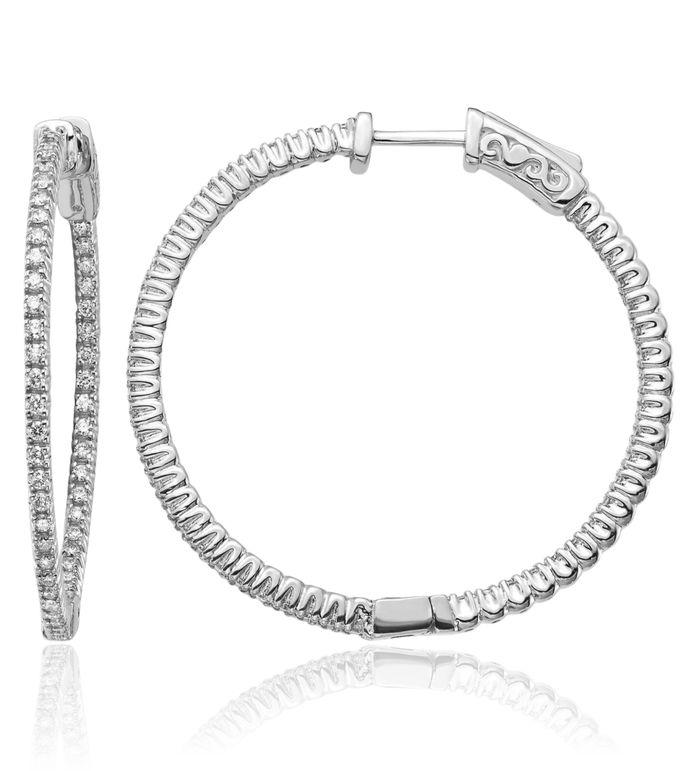 14K Solid White Gold Lab Diamond Round Hoop Earrings