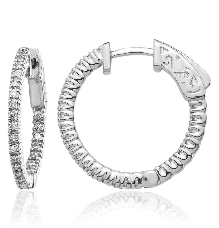 14K Solid White Gold Lab Diamond Round Hoop Earrings